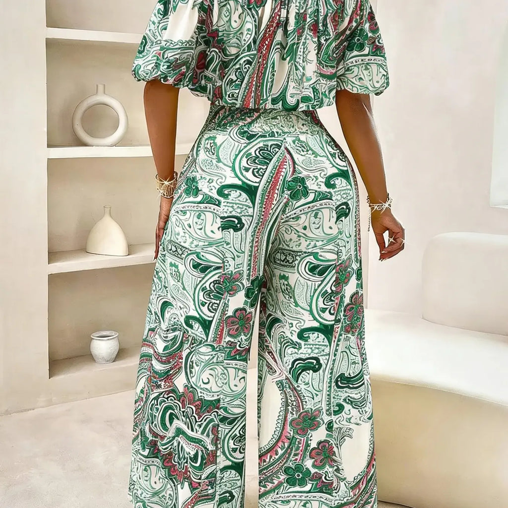 Women's Summer Paisley Print Bohemian Boho Vintage Chic Vacation Two-Piece Outfit, Two Pieces Outfits, Off-Shoulder Bubble Sleeve Crop Top + High Waist Adjustable Drawstring Wide Leg Pants