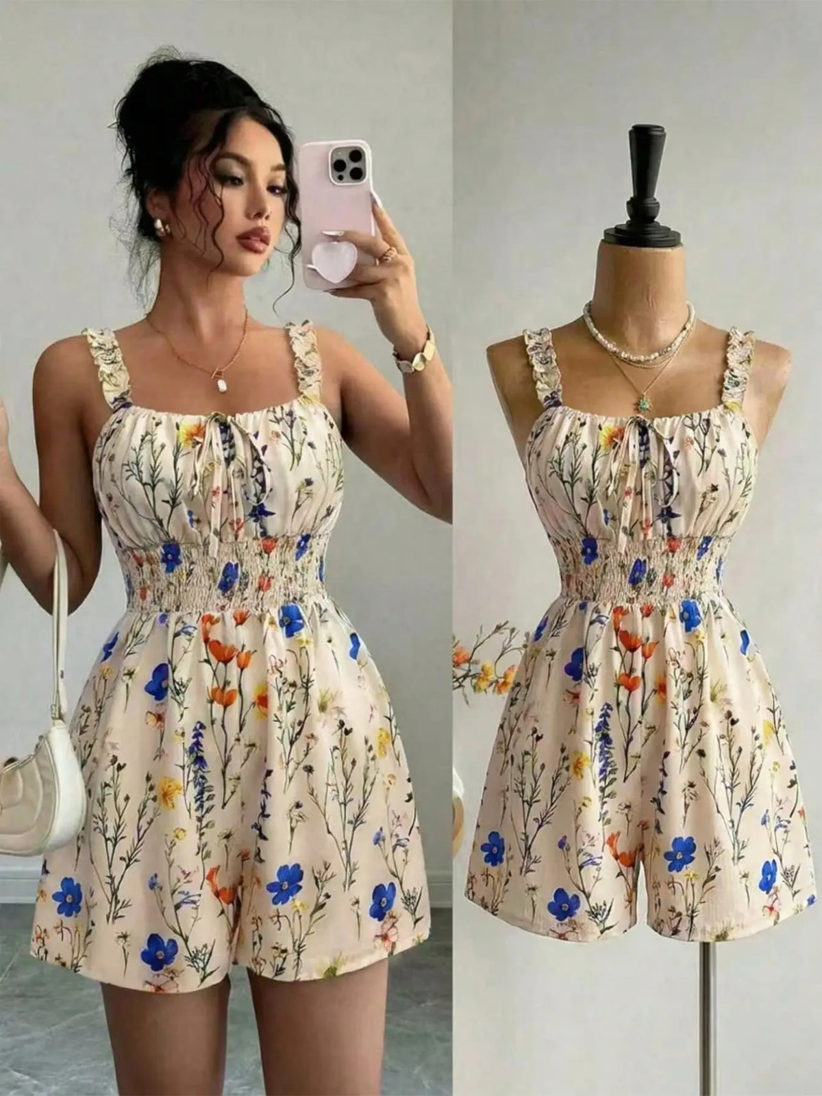 Printed Plant Ruffle Trim Halter Neck Elastic Waist Romper Stylish and Comfortable One-Piece, Perfect for Everyday Casual Wear Ruffled Romper