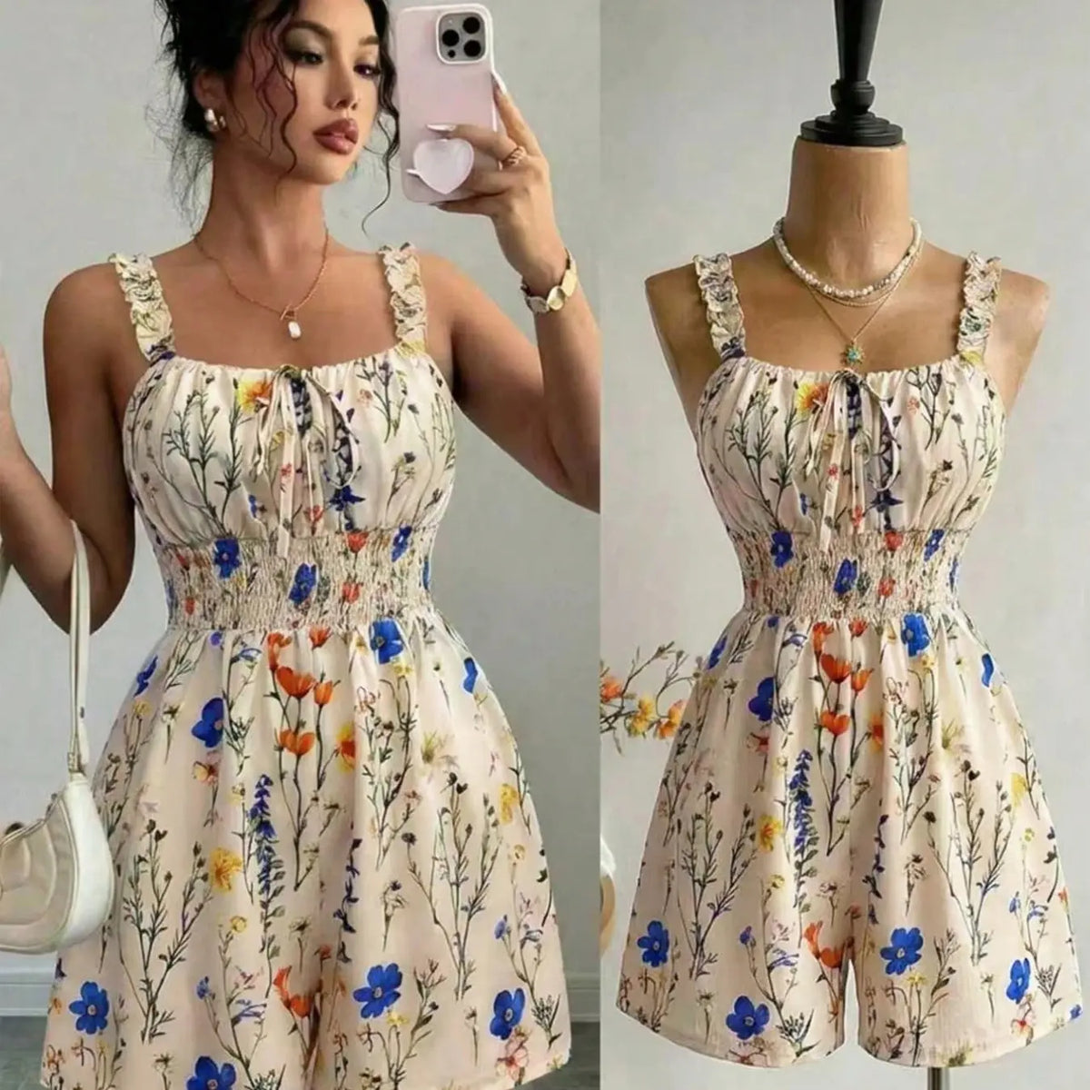 Printed Plant Ruffle Trim Halter Neck Elastic Waist Romper Stylish and Comfortable One-Piece, Perfect for Everyday Casual Wear Ruffled Romper