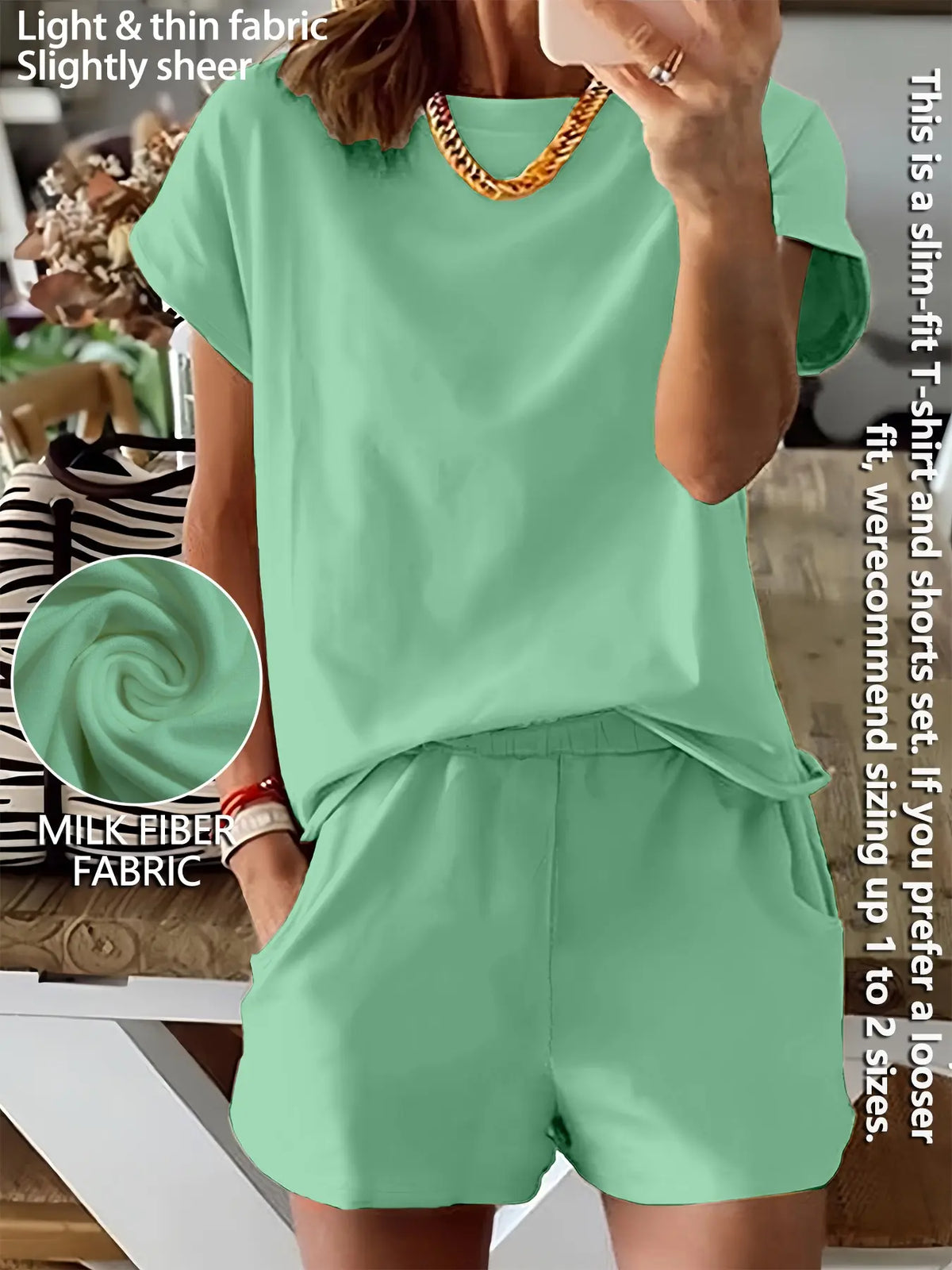 Women's Summer Short Sleeve Plain Basic Fitted Set Outfit Suits Womenswear Style, Slim-Fit Natural Waist Design Shorts & Tops, Perfect for Casual Wear