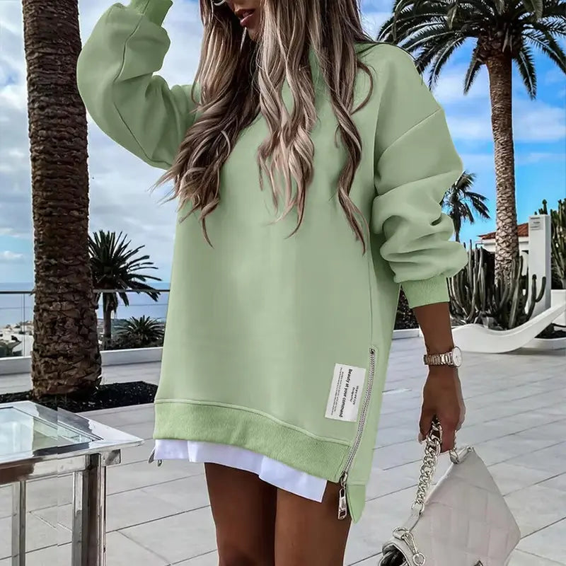 CHICME 2026 Women's Oversized Fall Long Sleeve Pullover Sweatshirt Zipper Slit Casual Dress Drop Shoulder Outfits, Dresses For Women, Women's Clothes