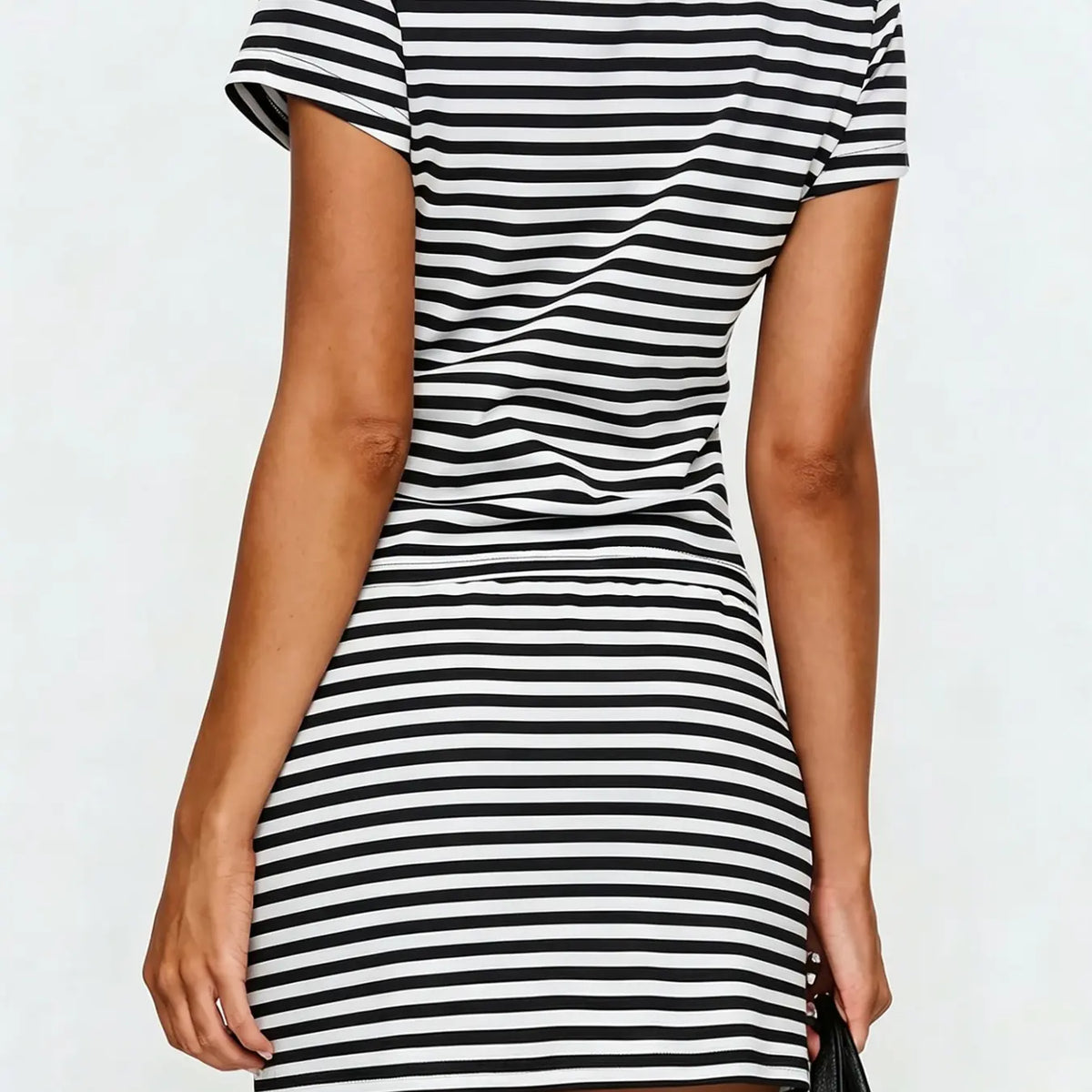 Soft Stretch Striped Casual Two-Piece Set, Slim Fit Short Round Neck T-Shirt & High Waist Adjustable Drawstring Skirt, Versatile Home & Skirt and top set