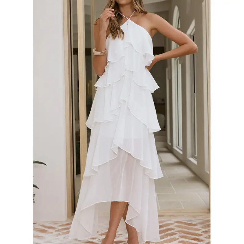 Aprilake Women's Summer Frill Halter Neck Flowy Chiffon Sundress A-Line Tiered Ruffle Long Maxi Formal Wedding Dress