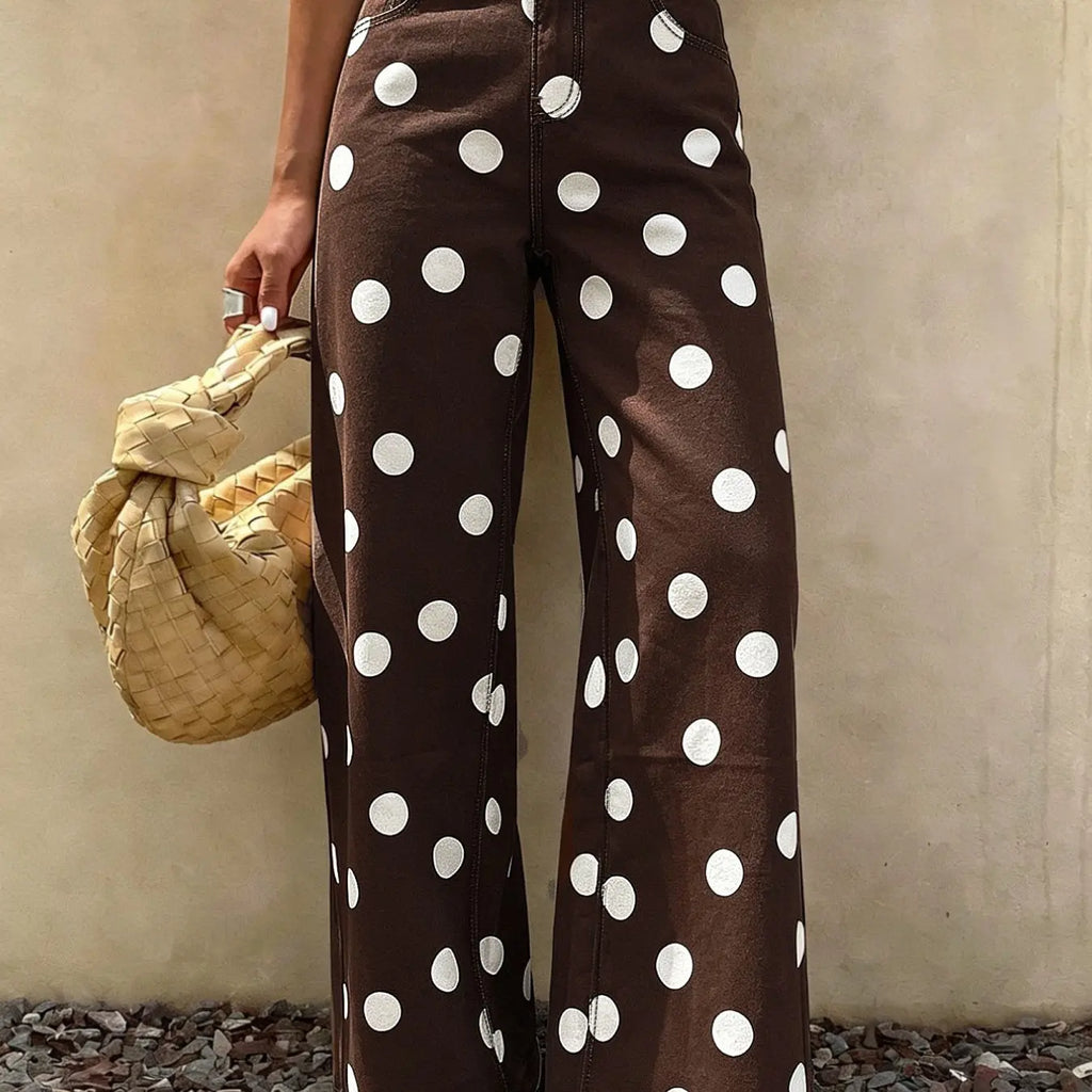 Spring Summer High-Waisted Elastic Women's Jeans, Casual Wide Leg Pants, Polka Dot Design, Regular Fit