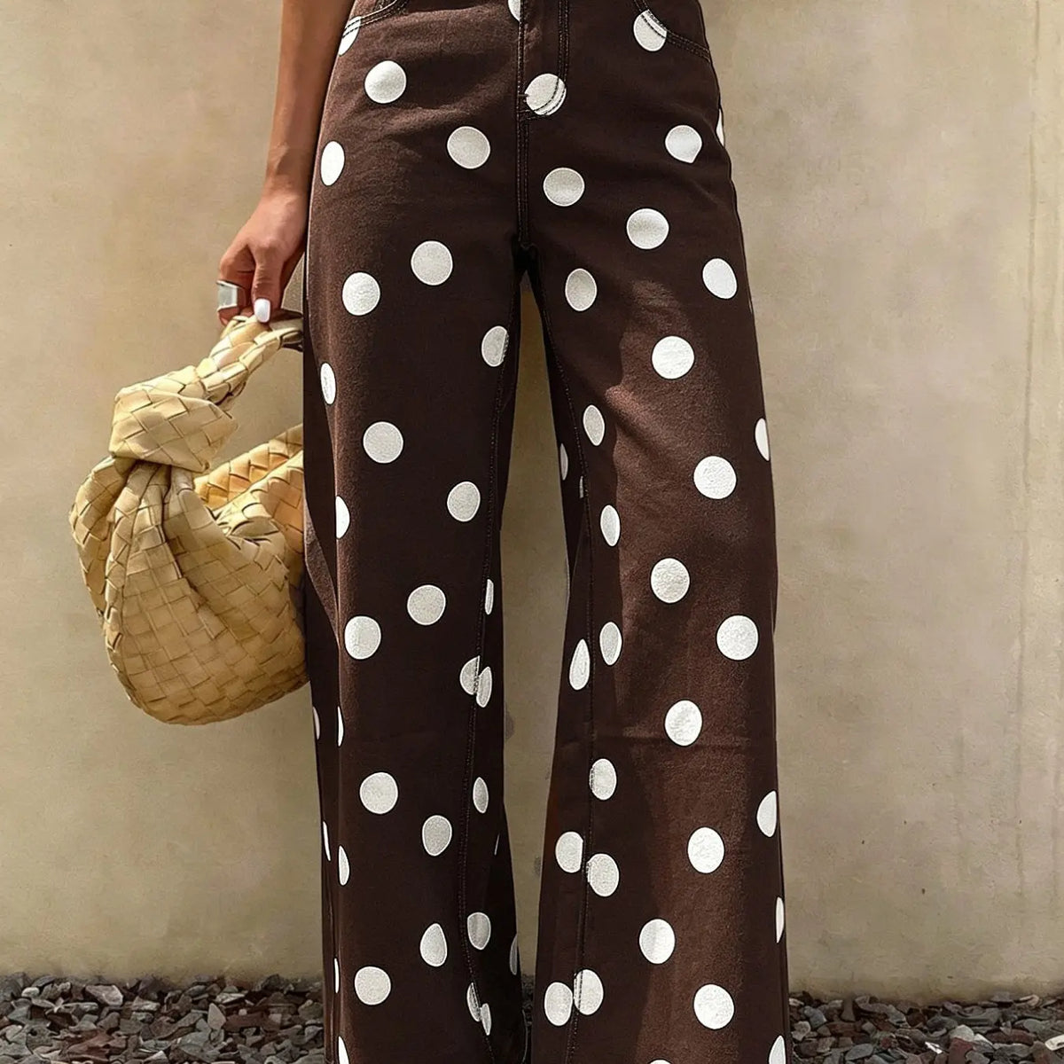 Spring Summer High-Waisted Elastic Women's Jeans, Casual Wide Leg Pants, Polka Dot Design, Regular Fit