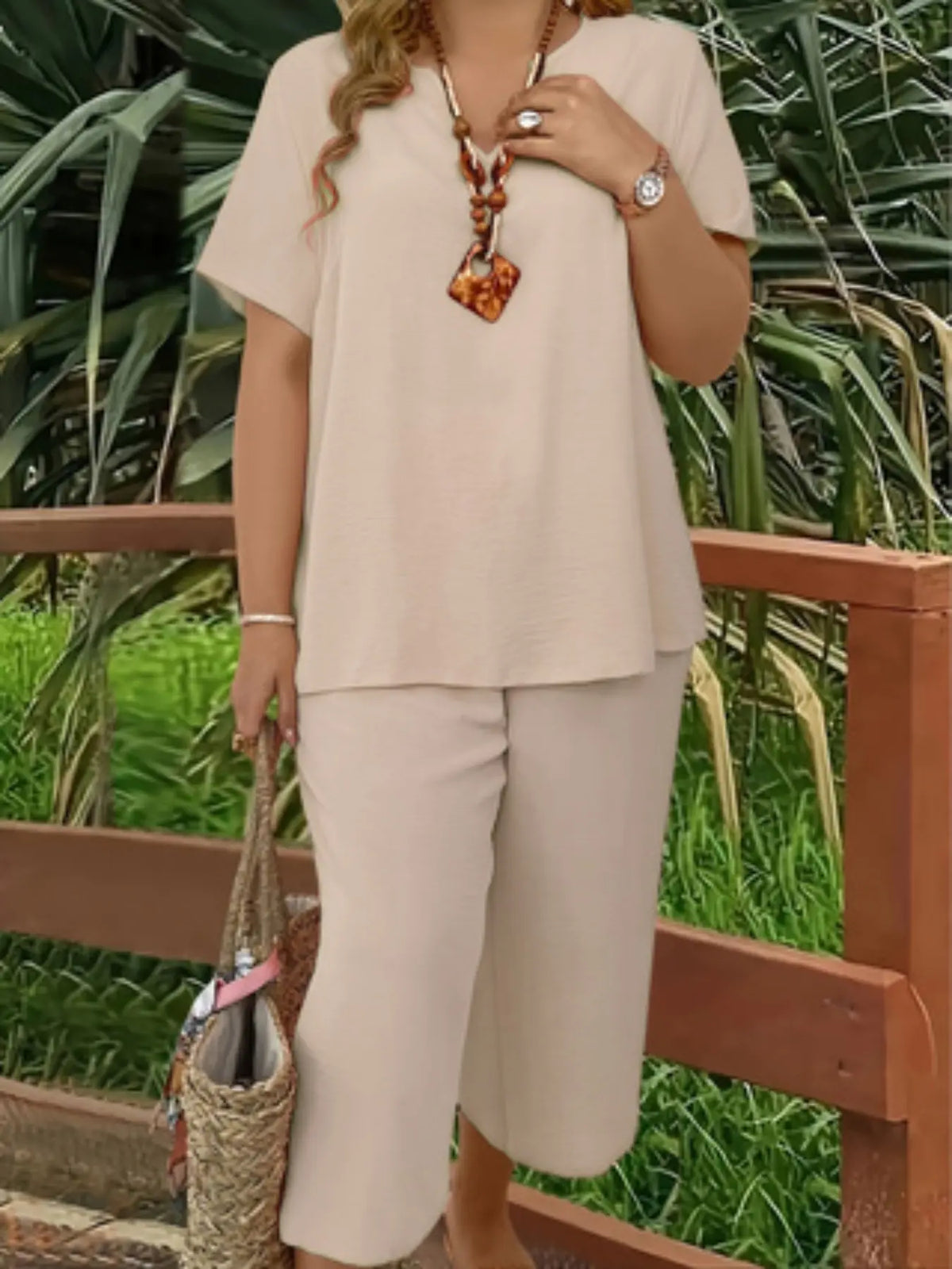 Plus Size Elegant Minimalist Women's Solid Color Short Sleeve Fashion Top & Casual Wide Leg Pants Set for Summer, Lounge Pants Set, Everyday Comfortable & Stylish, Lady Womenswear, Style, Fit, Clothes, Fashion Clothing Set