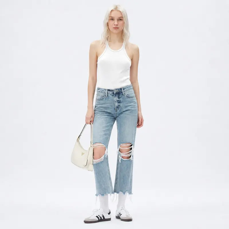 ONESO Women's Super High Rise Destroyed Straight Rigid Leg Jeans Non-Stretch Distressed Denim Pants Size Comfortable Fashion FitStyle Bottoms Womenswear Fitted Streetwear Fabric  Basic Minimalist Gift #SummerVibes