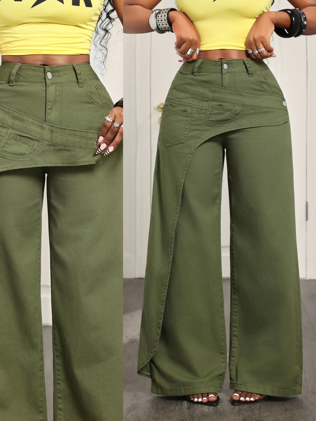 Women's Casual Denim Jean Long Pants, Elegant Plain Pattern, Loose-Fitting, All-Season Fashion, Trendy Asymmetrical Design