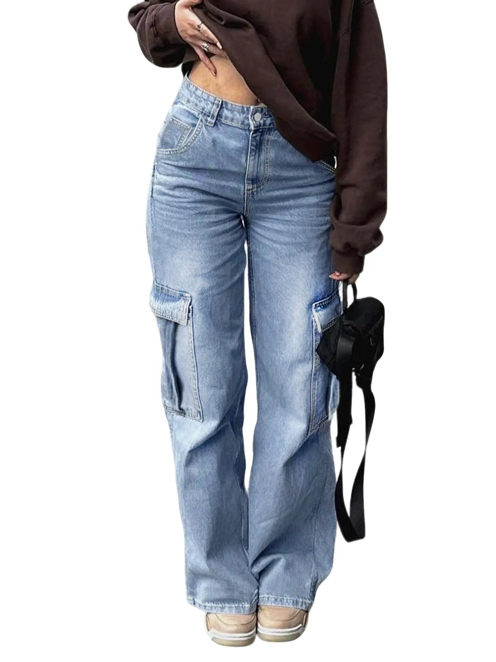 Teen Girl Denim Cargo Pants with Pockets, Loose Legged Pants, Trendy & Comfortable Casual Design, Ideal for Daily Wear & Outdoor Adventures, Cargo Jeans
