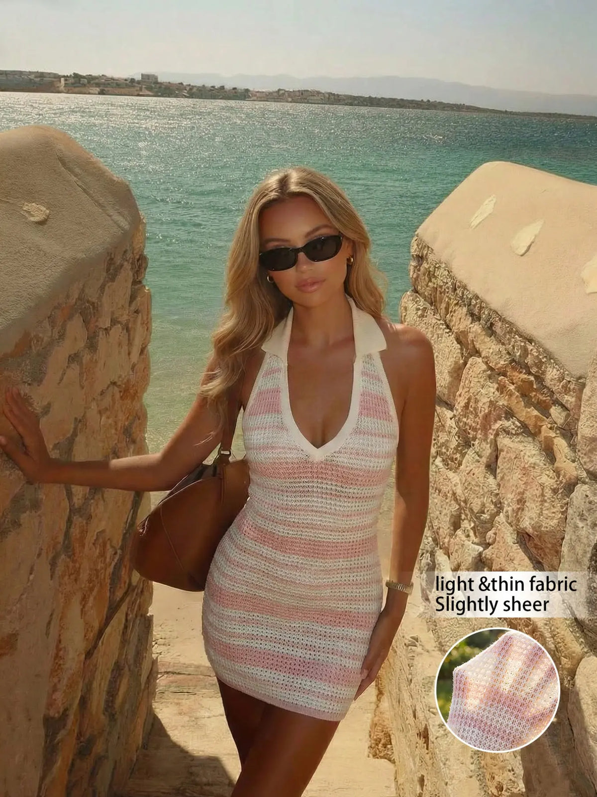 Elegant Striped Beach Vacation Dress, Sexy Knit Bodycon Sweater Dress, Spring Summer Versatile Casual Wear Women's Fashion