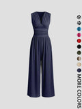 Women's Plain Ruched Deep V Neck Fashion Jumpsuit, Elegant Sleeveless Wide Leg Jumpsuit for Summer, Ladies Clothes for Beach Holiday Vacation