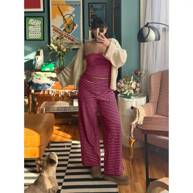 TANKANEO Women's 2-Piece Striped Trendy Clothing Set - Cute Slim Y2K Strapless Tube Top & Wide Leg Pants, Comfortable Casual Spring Summer Outfits (Cute Clothes, Casual Women's Set)
