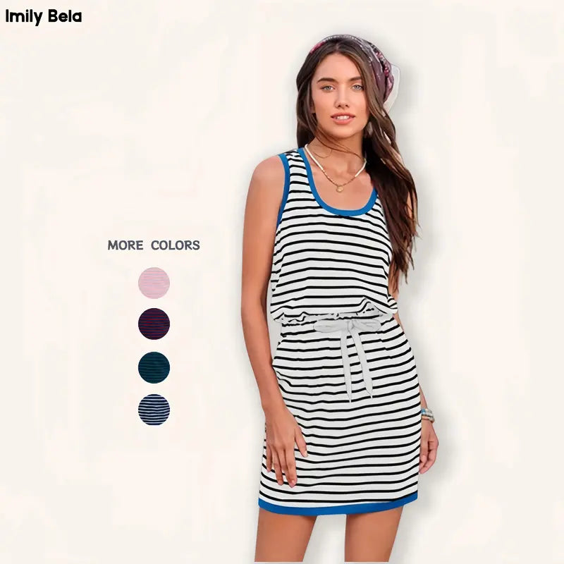 Imily Bela Womens Summer Sleeveless Striped Dress Drawstring Waist Casual Tank Mini Dresses with Pockets