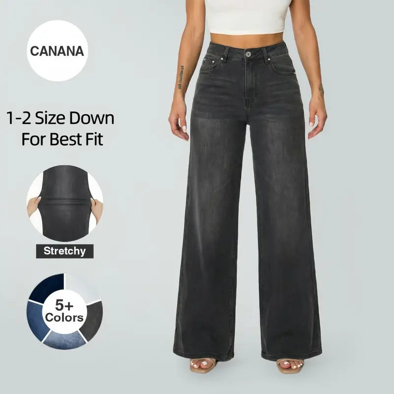CANANA Women Super Stretchy High Rise Wide Leg Jeans Minimalist Comfort Denim Pants Tummy Control BBL Regular Size Plus Size Spring Fashion Daily Outfits Pockets One Size Down For Best Fit