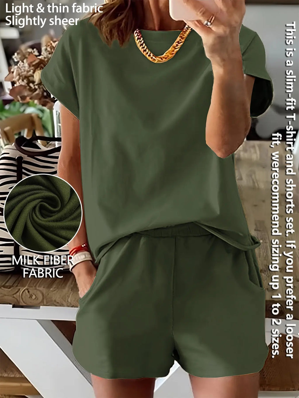 Women's Summer Short Sleeve Plain Basic Fitted Set Outfit Suits Womenswear Style, Slim-Fit Natural Waist Design Shorts & Tops, Perfect for Casual Wear