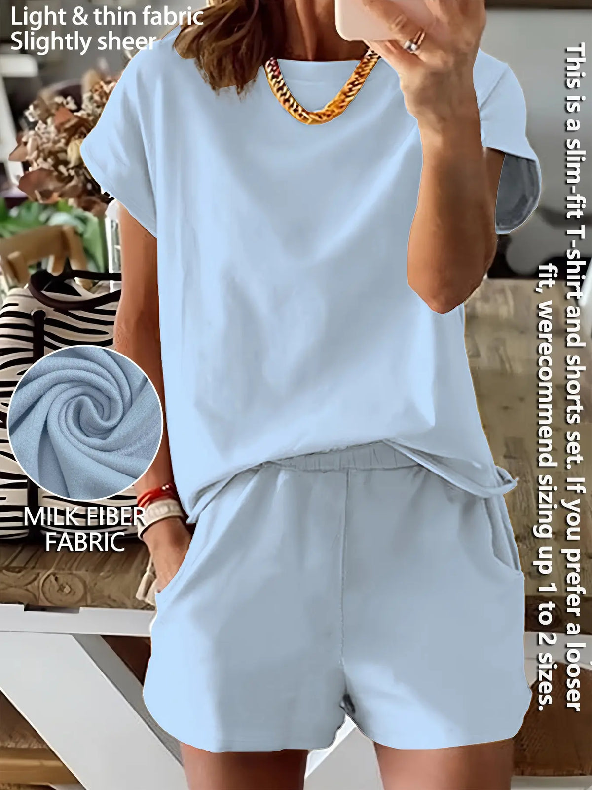 Women's Summer Short Sleeve Plain Basic Fitted Set Outfit Suits Womenswear Style, Slim-Fit Natural Waist Design Shorts & Tops, Perfect for Casual Wear