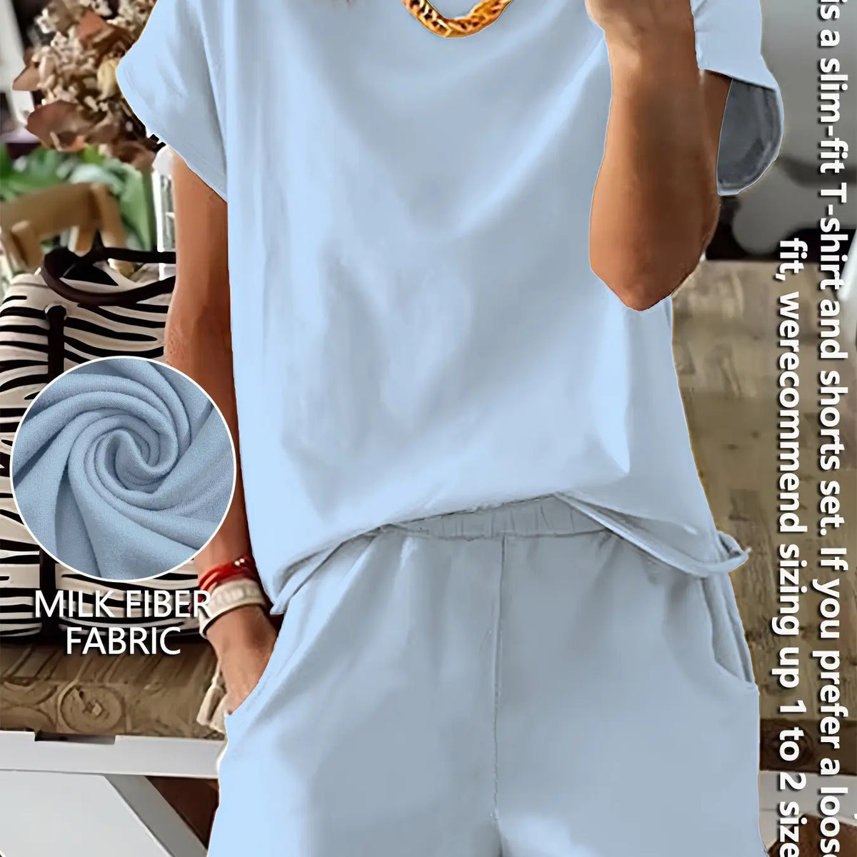 Women's Summer Short Sleeve Plain Basic Fitted Set Outfit Suits Womenswear Style, Slim-Fit Natural Waist Design Shorts & Tops, Perfect for Casual Wear