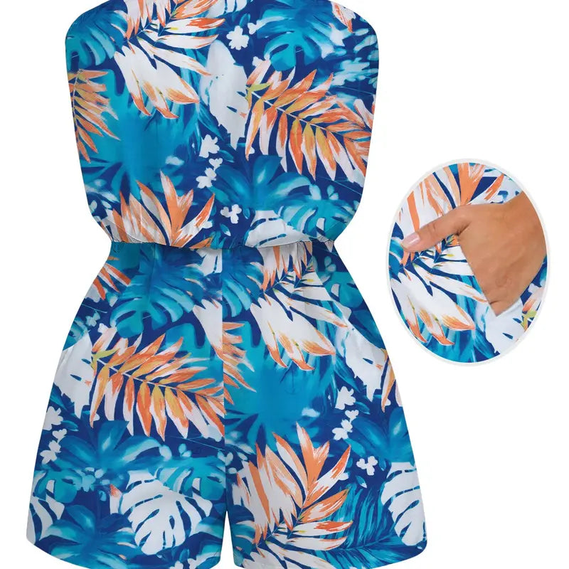Hawaii Vacation Couple Outfit for Beach Colorblock Tropical Monstera Leaf Print Pocket Off the Shoulder Romper and Shirt Set Womenswear
