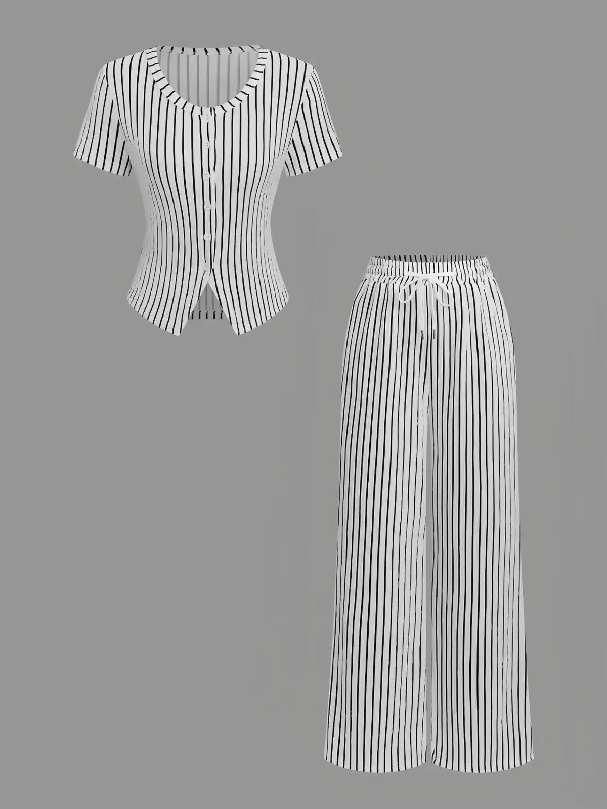 Women's 2-Piece Casual Wide Leg Pants and Short Sleeve Round Neck Striped Knit Top Set, Perfect for Everyday Comfort and Style, Clothes Pants Sets