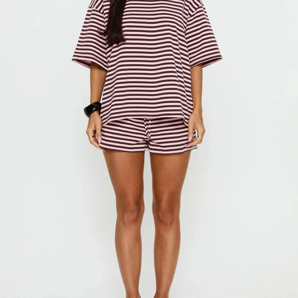 New Summer Women's 2-Piece Cotton Breathable Striped Short Sleeve T-Shirt & Shorts Set, Loose-Fitting Casual Fashion Daily Wear Bottoms