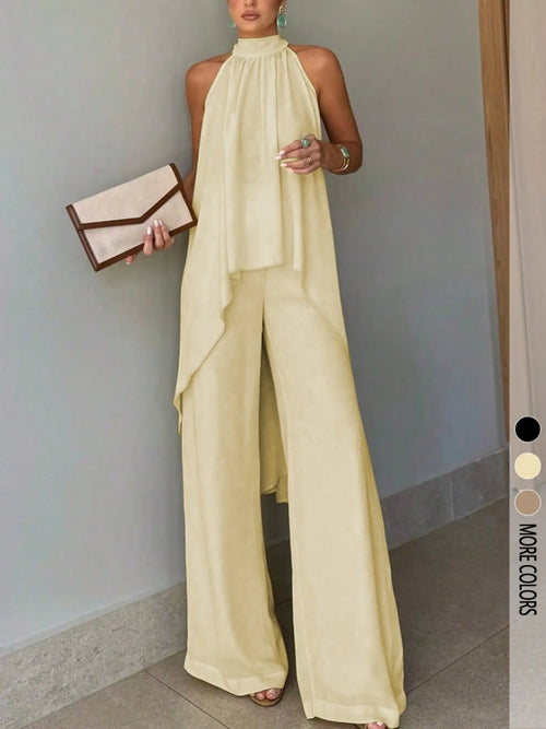 2-Piece Elegant Chic Casual Party Set, Summer Matching Set, Asymmetric-Hem Halter-Neck Sleeveless Top & Wide-Leg Pants, Women's Vacation & Date Outfit, Spring/Summer