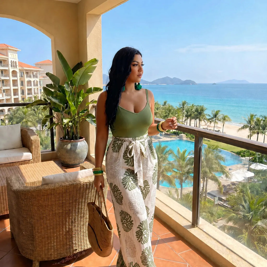 Summer Beach Boho Chic Style Bohemian Tank Top & Wide Leg Pants Set Outfit, Music Festival Theme, Easter, St Patrick's Day, Casual Wear, Floral Pattern Ly6038
