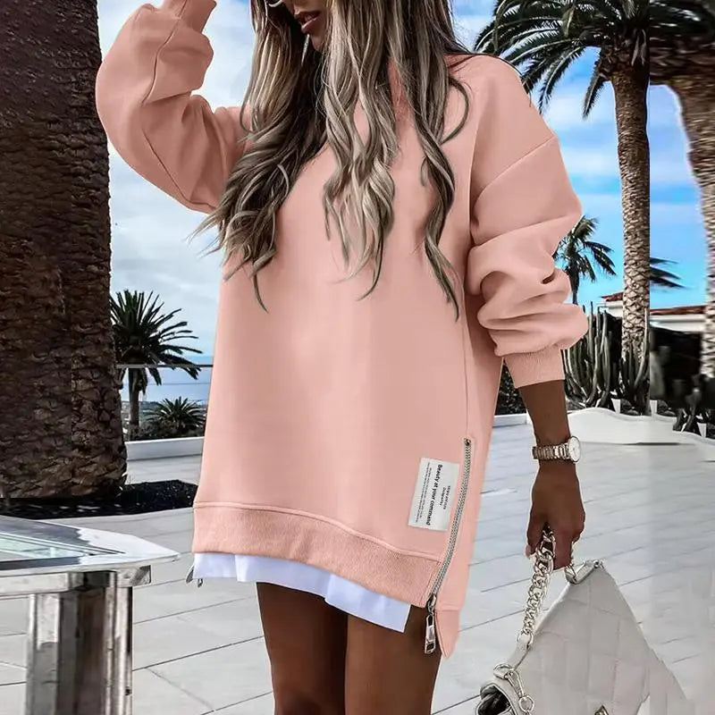 CHICME 2026 Women's Oversized Fall Long Sleeve Pullover Sweatshirt Zipper Slit Casual Dress Drop Shoulder Outfits, Dresses For Women, Women's Clothes