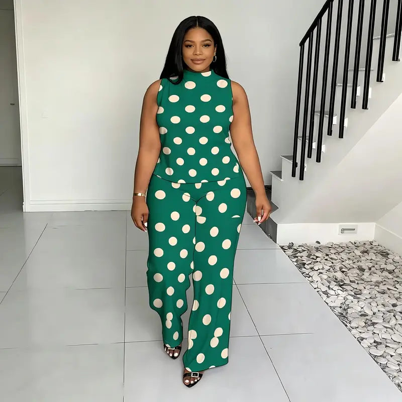 Women's 2026 New Plussize Printed 2-Piece Fashion Apparel Set - High Neck Sleeveless Flattering Tops, Wide Leg Pants, Chic Casual Women's Clothes Cute 2-Piece Sets