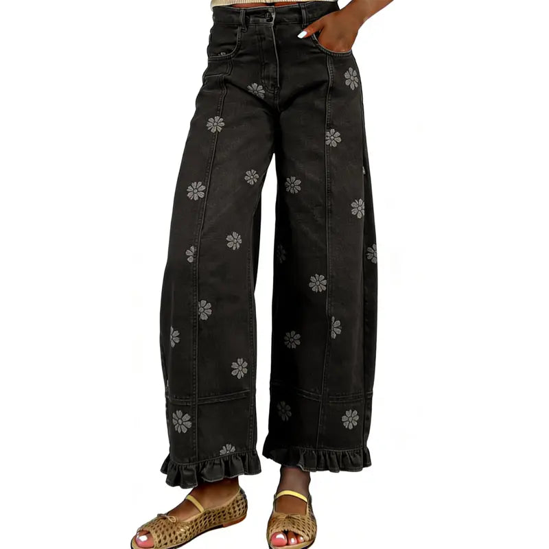 utcoco Women's Floral Print Barrel Jeans - 2026 Y2k Patchwork Wide Leg Baggy Boyfriend Denim Pants, Hang Dry, Party-Ready