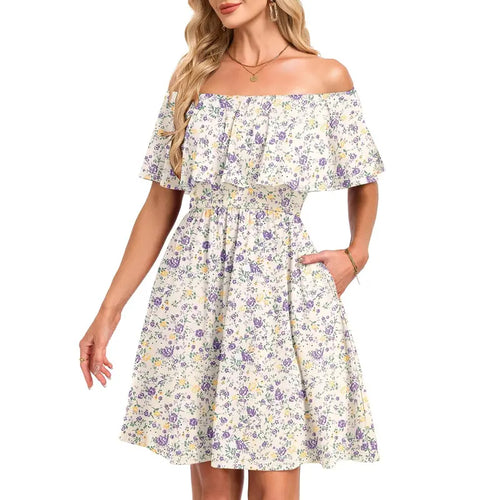 AUSELILY Women's Off the Shoulder Mini Dress - Floral Print, Casual Style, Summer Wear, Womenswear