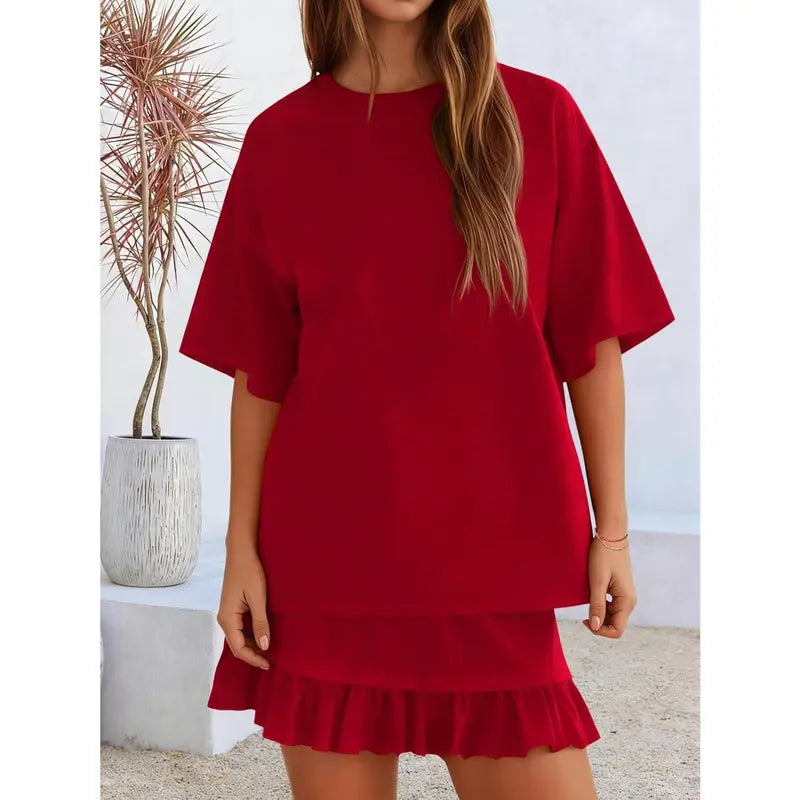 Yousify Women's 2-Piece Minimalist Basic Set - Half Sleeve Crew Neck Top & Casual Mini Skirt, Women's Clothes for Summer Vacation Loungewear, Easy Styling Casual Set