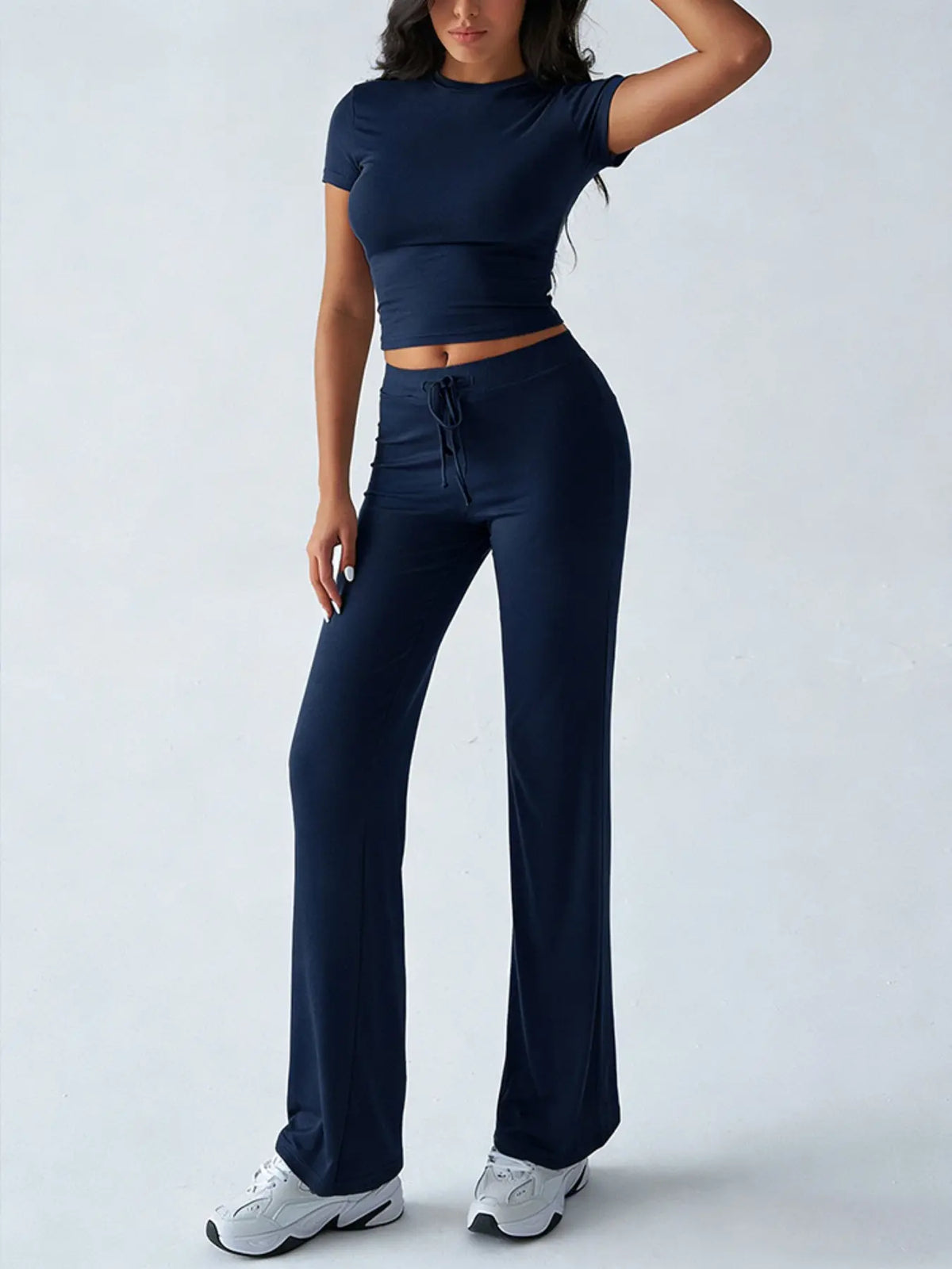 Women's Basic Minimalist Solid Short Sleeve Two-piece Set, Casual Round Neck Crop Tee & Drawstring High Waist Trousers for Daily Wear, Ladies Summer Clothes, Womenswear