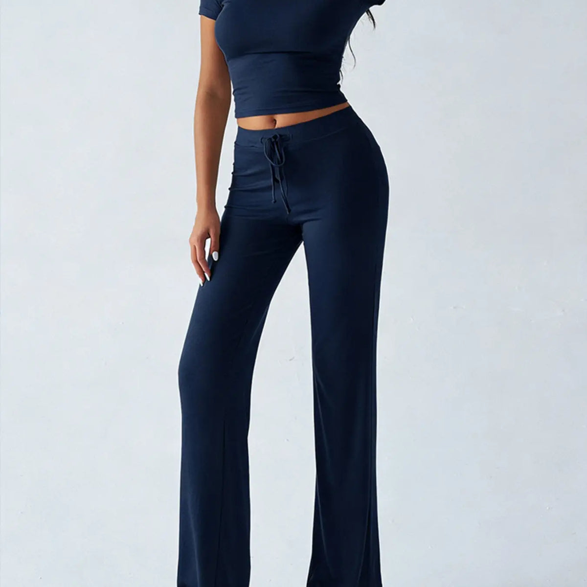 Women's Basic Minimalist Solid Short Sleeve Two-piece Set, Casual Round Neck Crop Tee & Drawstring High Waist Trousers for Daily Wear, Ladies Summer Clothes, Womenswear