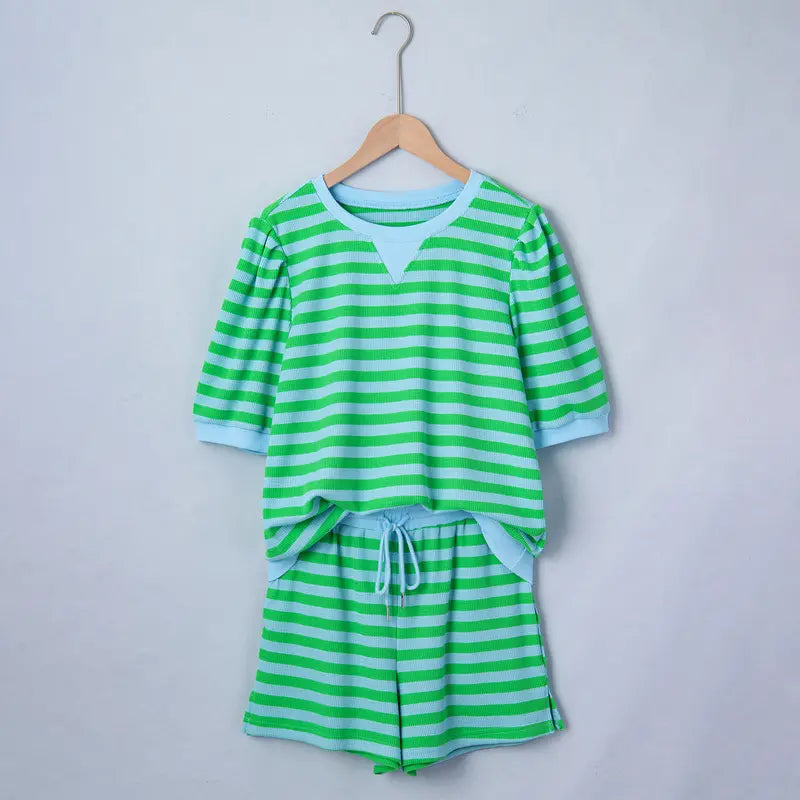 Asvivid Women's Stripe Puff Short Sleeve T Shirt Top and Drawstring Elastic Waist Short Matching Shorts Set Casual Cute Spring Clothes Summer Outfits