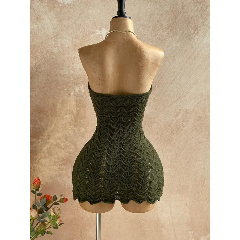 DealsForYouDays Vacation Beach Sequin Tassel Decor Backless Halter Mini Knit Dress, Summer Holiday Outfits , Beach Vacation Outfits For Women, Casual Outfit For Women