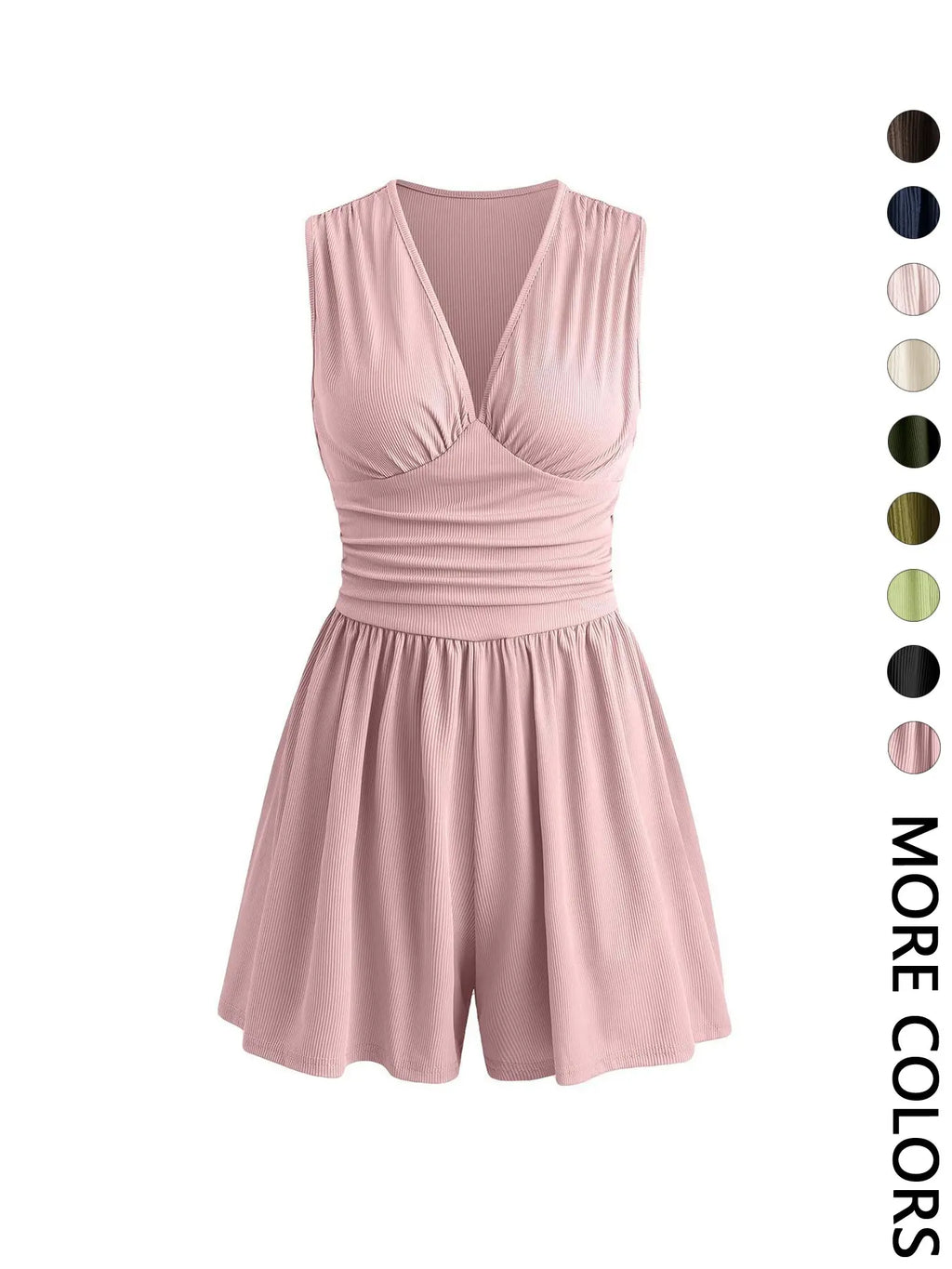 Women's Plain Ribbed Ruched Deep V Neck Tank Short Piece, Elegant Sleeveless Shorts Romper For Summer, Fashion Casual Ladies Clothes For Daily Wear