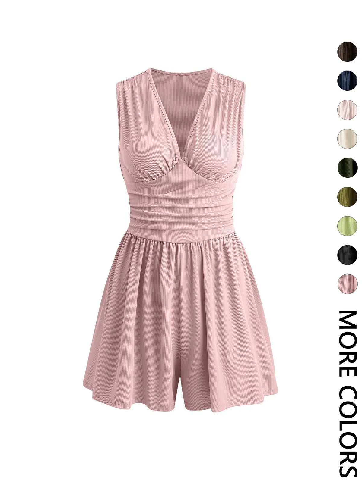Women's Plain Ribbed Ruched Deep V Neck Tank Short Piece, Elegant Sleeveless Shorts Romper For Summer, Fashion Casual Ladies Clothes For Daily Wear