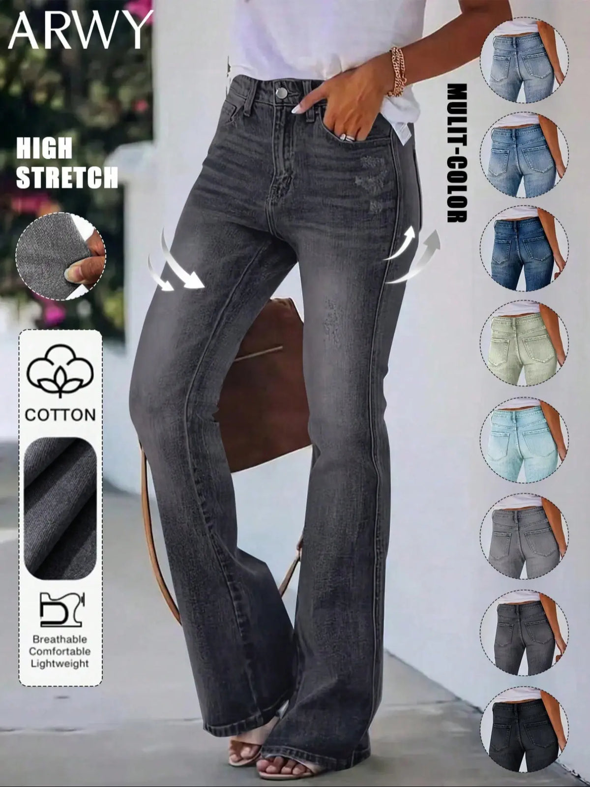 Women's Bohemian Gradient Slim-Fit Flare Leg Denim Jeans for All Seasons, Medium-Wash Denim Mid-Waist Stretchy Pants with Pockets, Womenswear