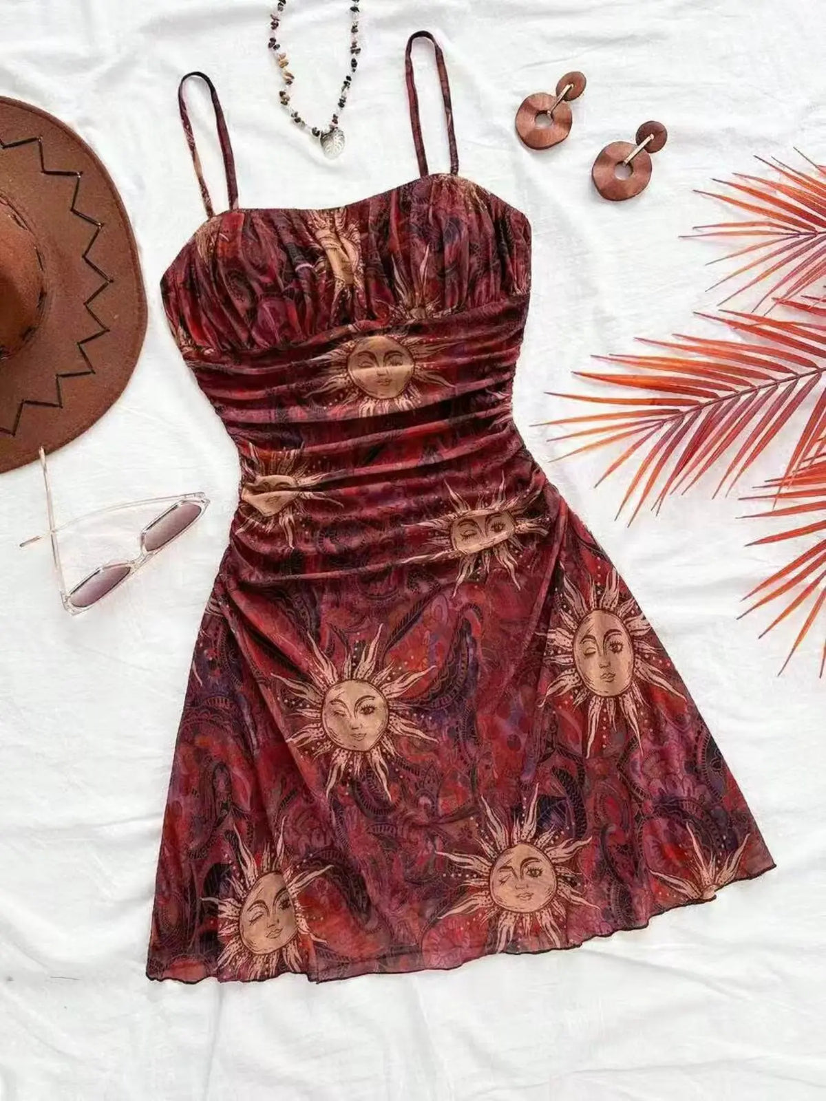 Women's Vintage Maple Leaf Print Floral Ruched Mini Dress Sleeveless, Retro Style Bohemian Dress, Perfect for Spring and Fall, Casual Stylish and Comfortable Dress, Boho Casual Fashion Dress #GLOBAL PICKS