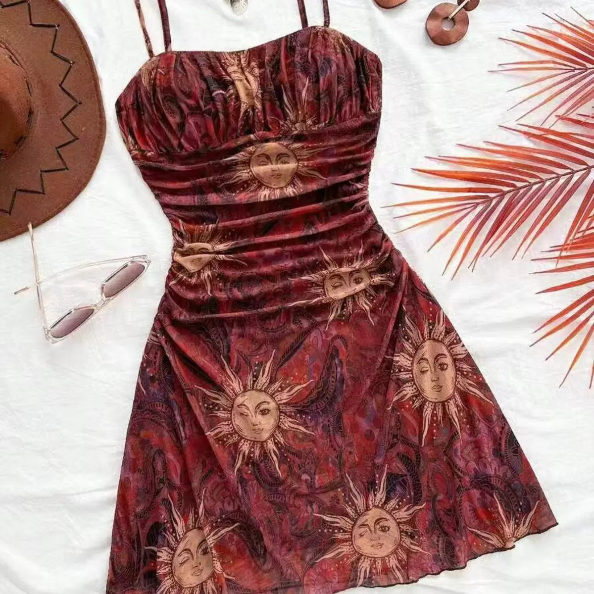 Women's Vintage Maple Leaf Print Floral Ruched Mini Dress Sleeveless, Retro Style Bohemian Dress, Perfect for Spring and Fall, Casual Stylish and Comfortable Dress, Boho Casual Fashion Dress #GLOBAL PICKS