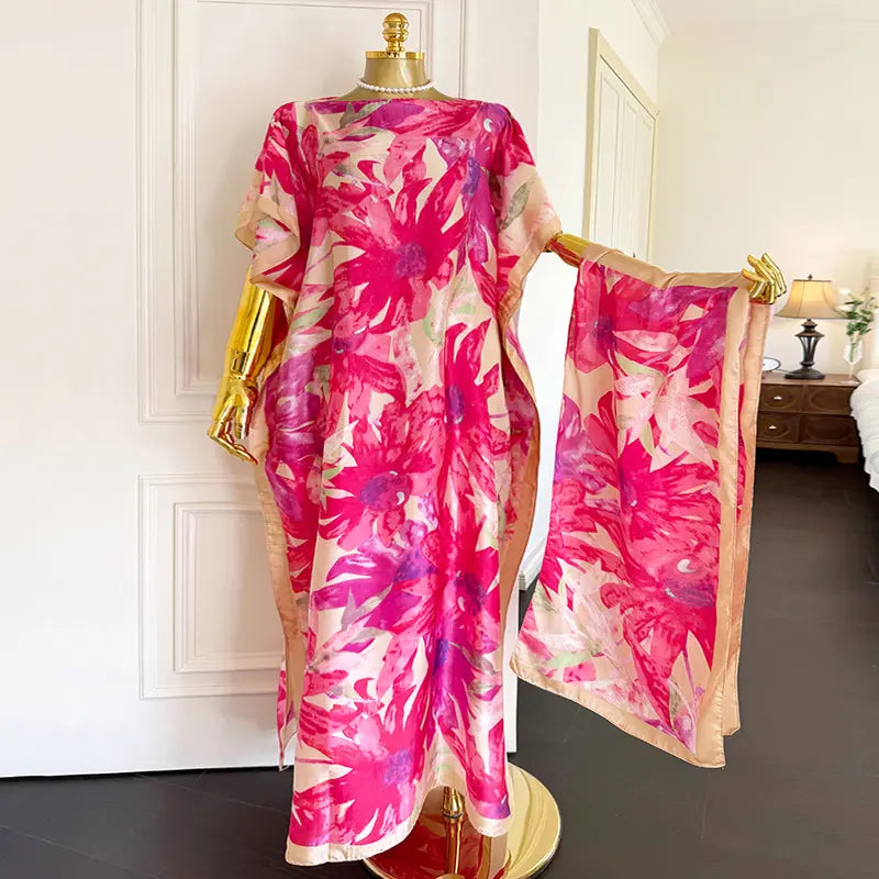 Laruda-Original Vibe Women's Fashion 2-Piece Pink Leopard Print Long Moo Moo Robe Set - Lightweight Woven Fabric Dress, Exotic Scarf Headband, Cute 2-Piece Sets, Sun Protection Beach Wear, Clothes for Women