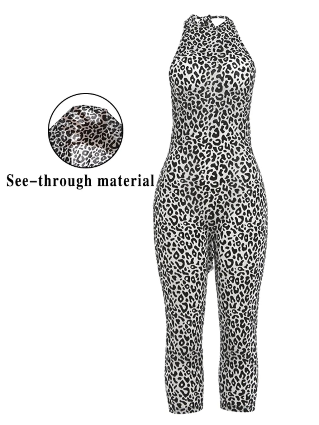 Women's Sexy Mesh Leopard Print Halter Neck Backless Cropped Jumpsuit, Sleeveless High Waist Bodycon Jumpsuit, Fashionable Summer Womenswear Clothing
