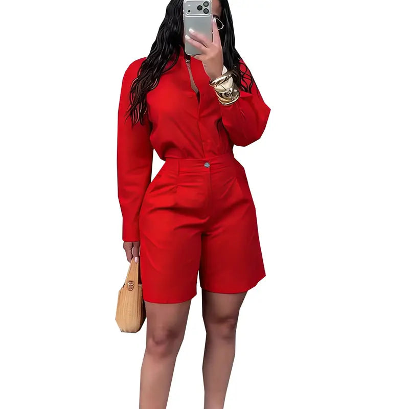 Fashionable Lapel-Collar Casual Long-Sleeve Shirt And Shorts Set
