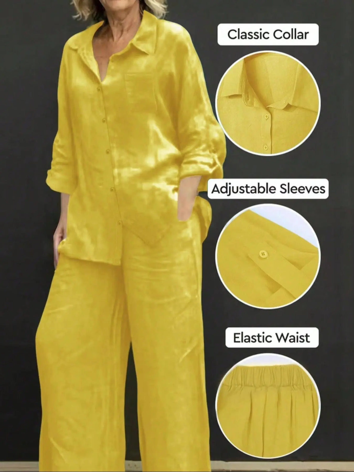 Women's Polo Neck Casual Open Front Long Sleeve Blazer & Loose Fit Elastic Long Pants Set Outfit, Adjustable, Solid Color, Comfortable Soft Fabric