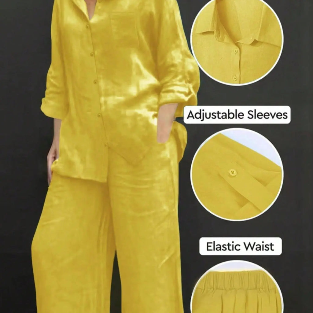 Women's Polo Neck Casual Open Front Long Sleeve Blazer & Loose Fit Elastic Long Pants Set Outfit, Adjustable, Solid Color, Comfortable Soft Fabric