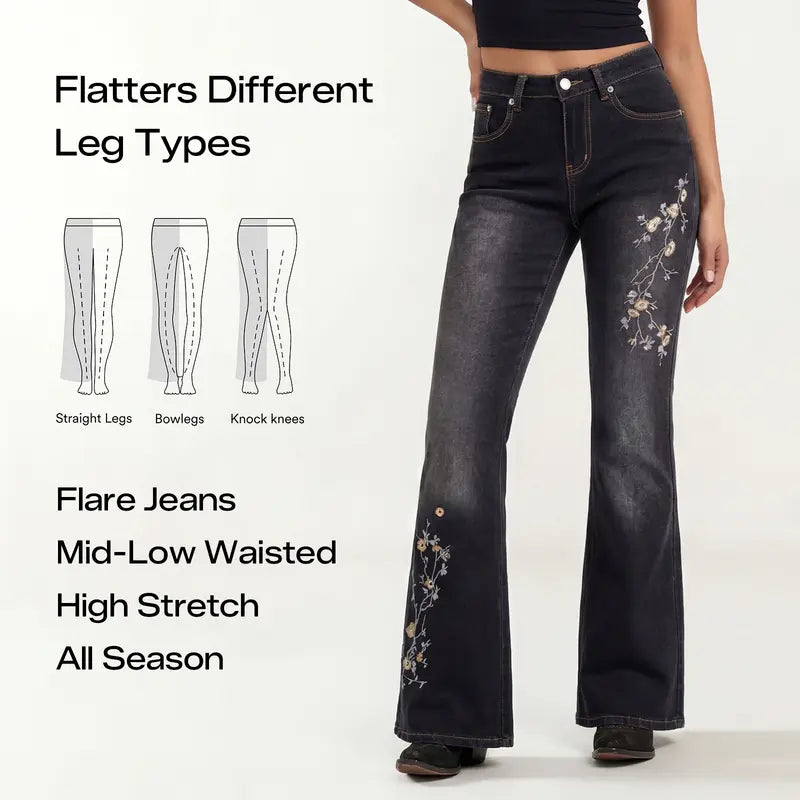 EMMIOL Women Mid Low Rise Bell Bottom Jeans Stretchy Flare Denim Pants Embroidery Vintage Y2K 90s Streetwear SohoChic【Back to School】