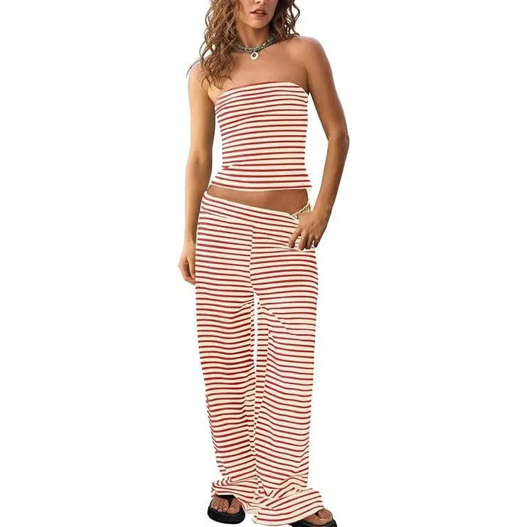 TANKANEO Women's 2-Piece Striped Trendy Clothing Set - Cute Slim Y2K Strapless Tube Top & Wide Leg Pants, Comfortable Casual Spring Summer Outfits (Cute Clothes, Casual Women's Set)