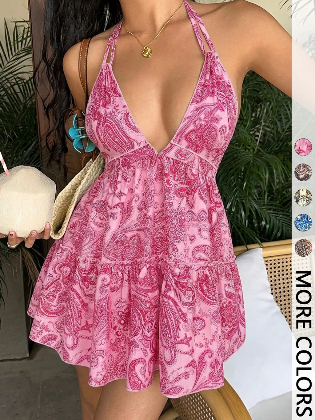 Women's Paisley Print Halter Neck Sleeveless Mini Ruffle Detail Dress - Backless Ruffled Tiered Dress for Beach & Music Festivals | Trendy Baddie Aesthetic, Viral TikTok Dress-Vacations & Casual Outings | Y2K Fashion, Flowy Summer Dress
