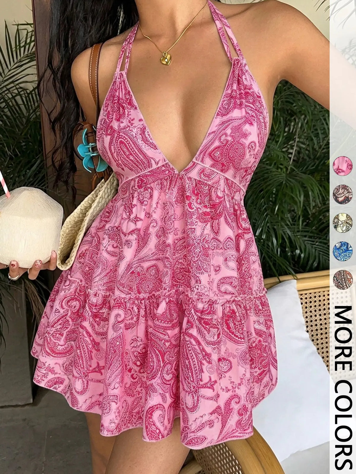 Women's Paisley Print Halter Neck Sleeveless Mini Ruffle Detail Dress - Backless Ruffled Tiered Dress for Beach & Music Festivals | Trendy Baddie Aesthetic, Viral TikTok Dress-Vacations & Casual Outings | Y2K Fashion, Flowy Summer Dress