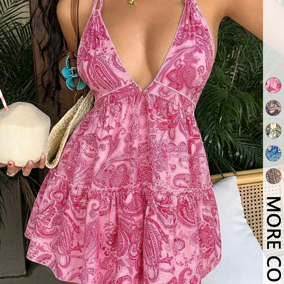 Women's Paisley Print Halter Neck Sleeveless Mini Ruffle Detail Dress - Backless Ruffled Tiered Dress for Beach & Music Festivals | Trendy Baddie Aesthetic, Viral TikTok Dress-Vacations & Casual Outings | Y2K Fashion, Flowy Summer Dress